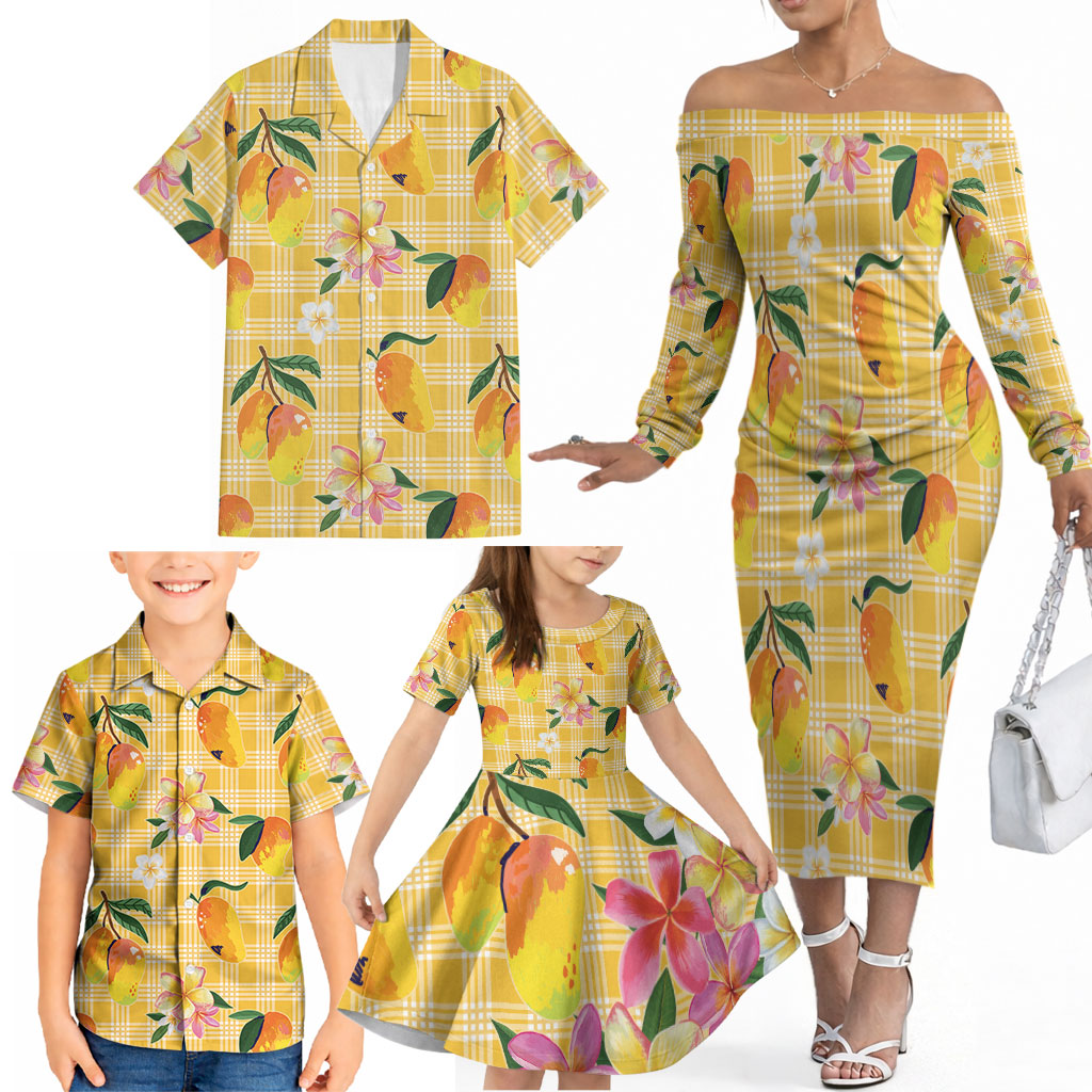 Aloha Hawaii Palaka Print Mango Plumeria Family Matching Off The Shoulder Long Sleeve Dress and Hawaiian Shirt Fresh Lemon