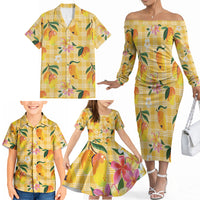 Aloha Hawaii Palaka Print Mango Plumeria Family Matching Off The Shoulder Long Sleeve Dress and Hawaiian Shirt Fresh Lemon
