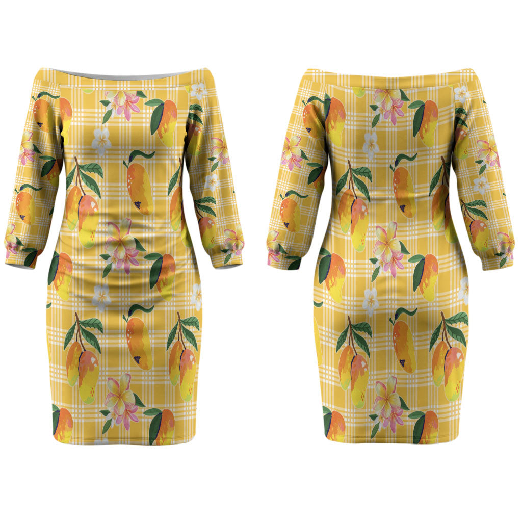 Aloha Hawaii Palaka Print Mango Plumeria Family Matching Off The Shoulder Long Sleeve Dress and Hawaiian Shirt Fresh Lemon