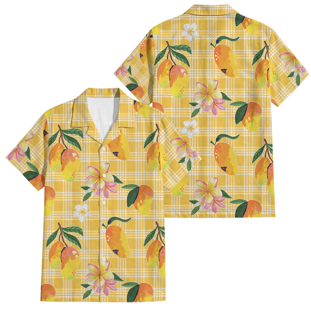 Aloha Hawaii Palaka Print Mango Plumeria Family Matching Off The Shoulder Long Sleeve Dress and Hawaiian Shirt Fresh Lemon