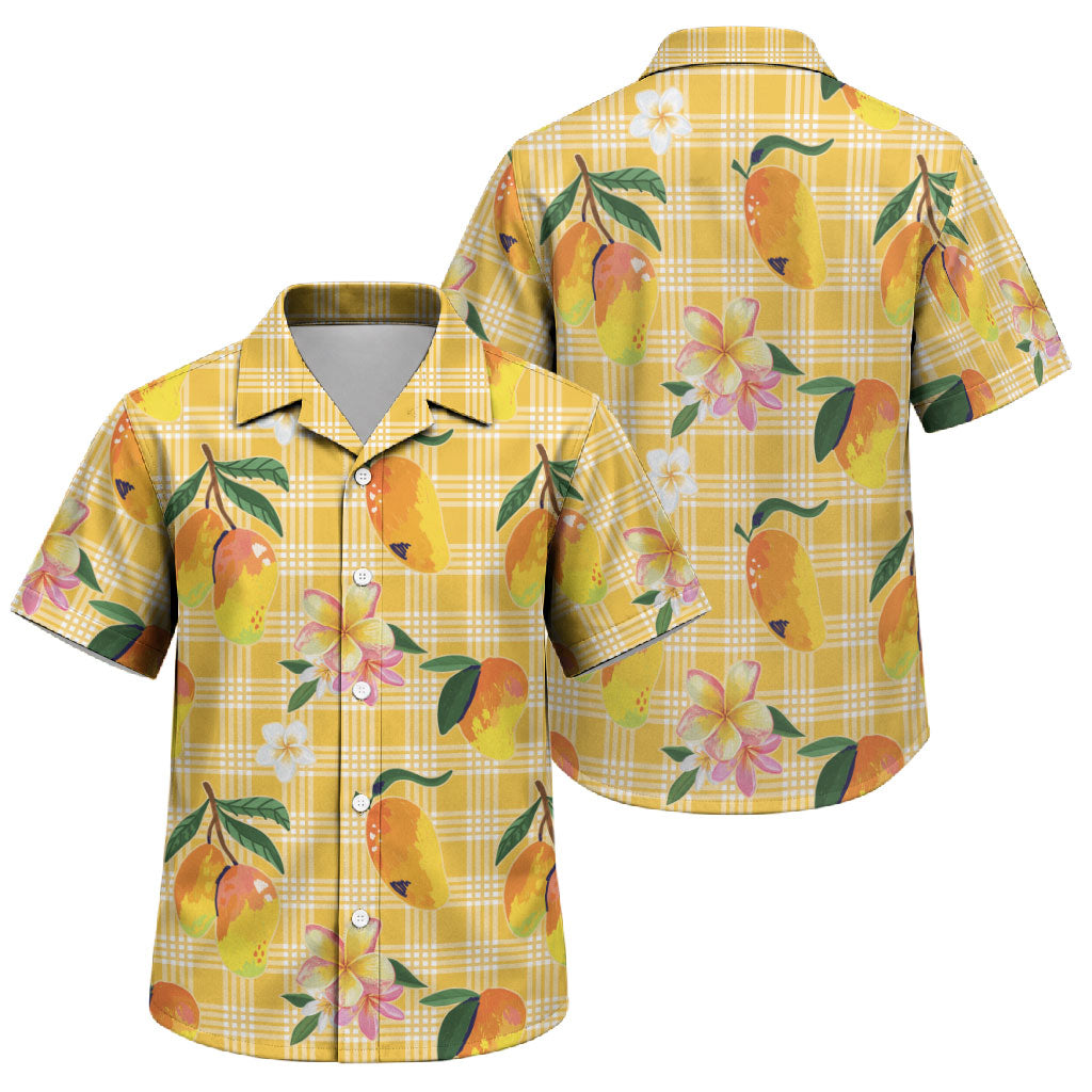 Aloha Hawaii Palaka Print Mango Plumeria Family Matching Off The Shoulder Long Sleeve Dress and Hawaiian Shirt Fresh Lemon