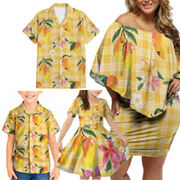Aloha Hawaii Palaka Print Mango Plumeria Family Matching Off Shoulder Short Dress and Hawaiian Shirt Fresh Lemon