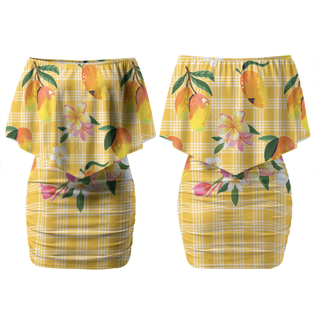 Aloha Hawaii Palaka Print Mango Plumeria Family Matching Off Shoulder Short Dress and Hawaiian Shirt Fresh Lemon
