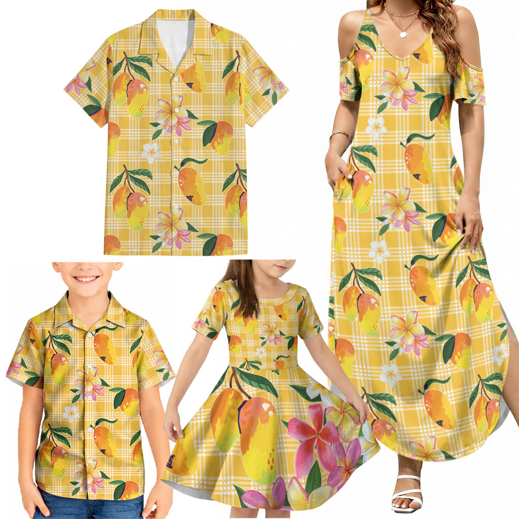 Aloha Hawaii Palaka Print Mango Plumeria Family Matching Summer Maxi Dress and Hawaiian Shirt Fresh Lemon