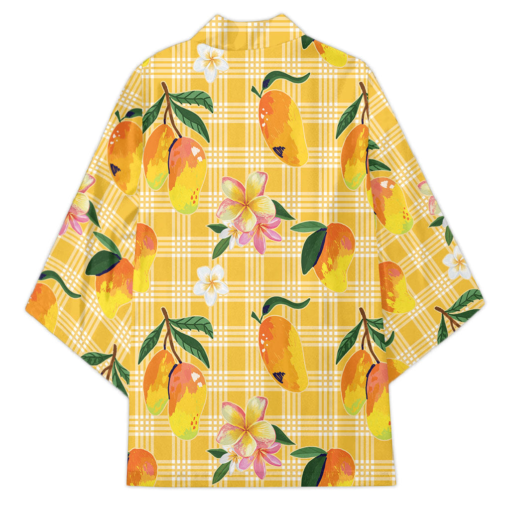 Aloha Hawaii Palaka Print Mango Plumeria Kimono Fresh Lemon