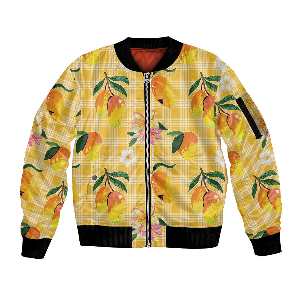 Aloha Hawaii Palaka Print Mango Plumeria Sleeve Zip Bomber Jacket Fresh Lemon