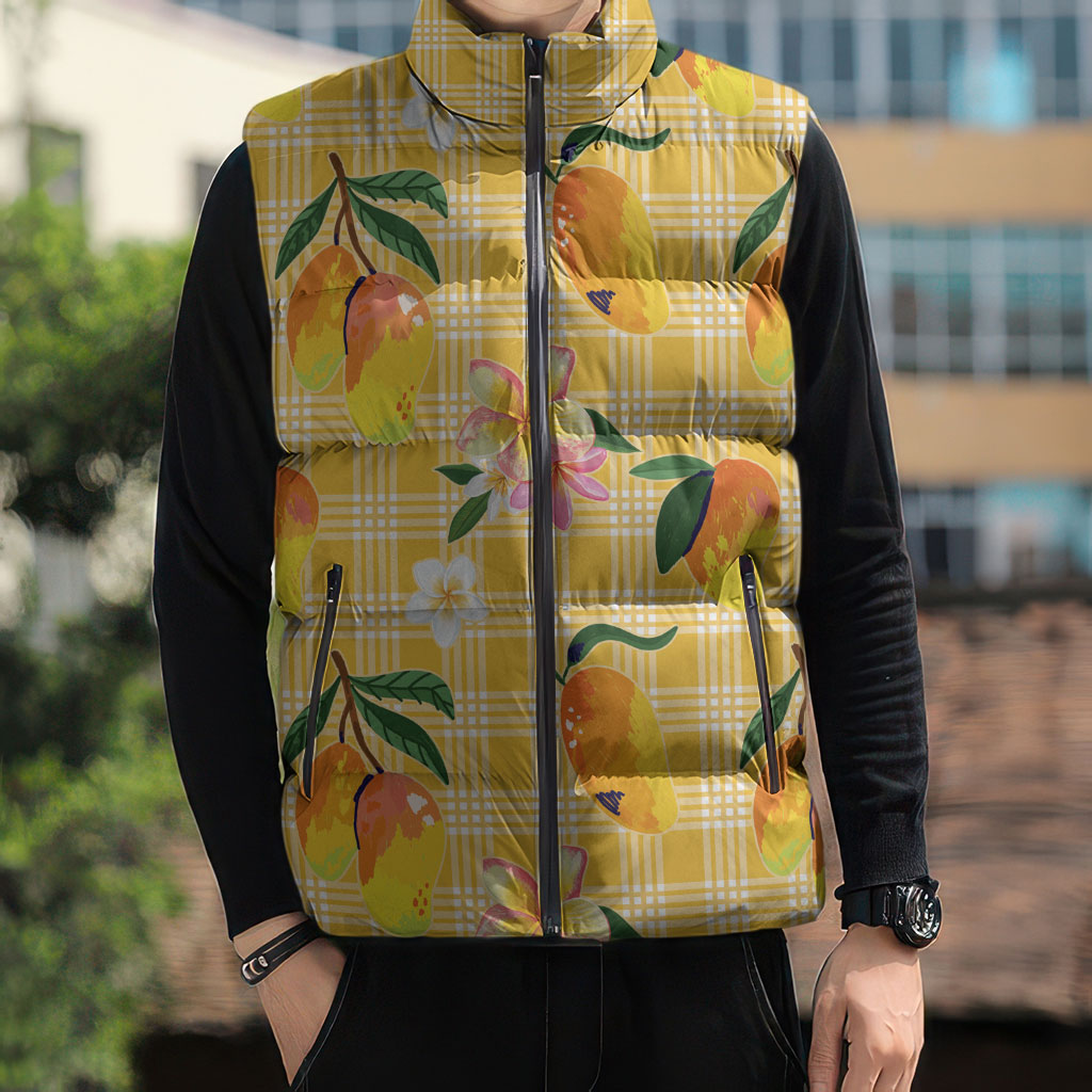 Aloha Hawaii Palaka Print Mango Plumeria Sleeveless Puffer Jacket Fresh Lemon