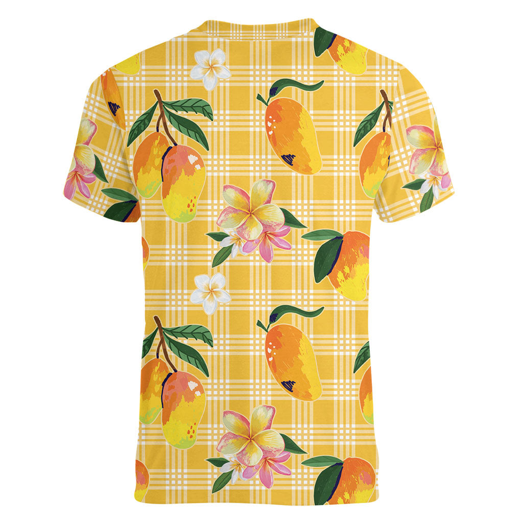 Aloha Hawaii Palaka Print Mango Plumeria Women V-Neck T-Shirt Fresh Lemon