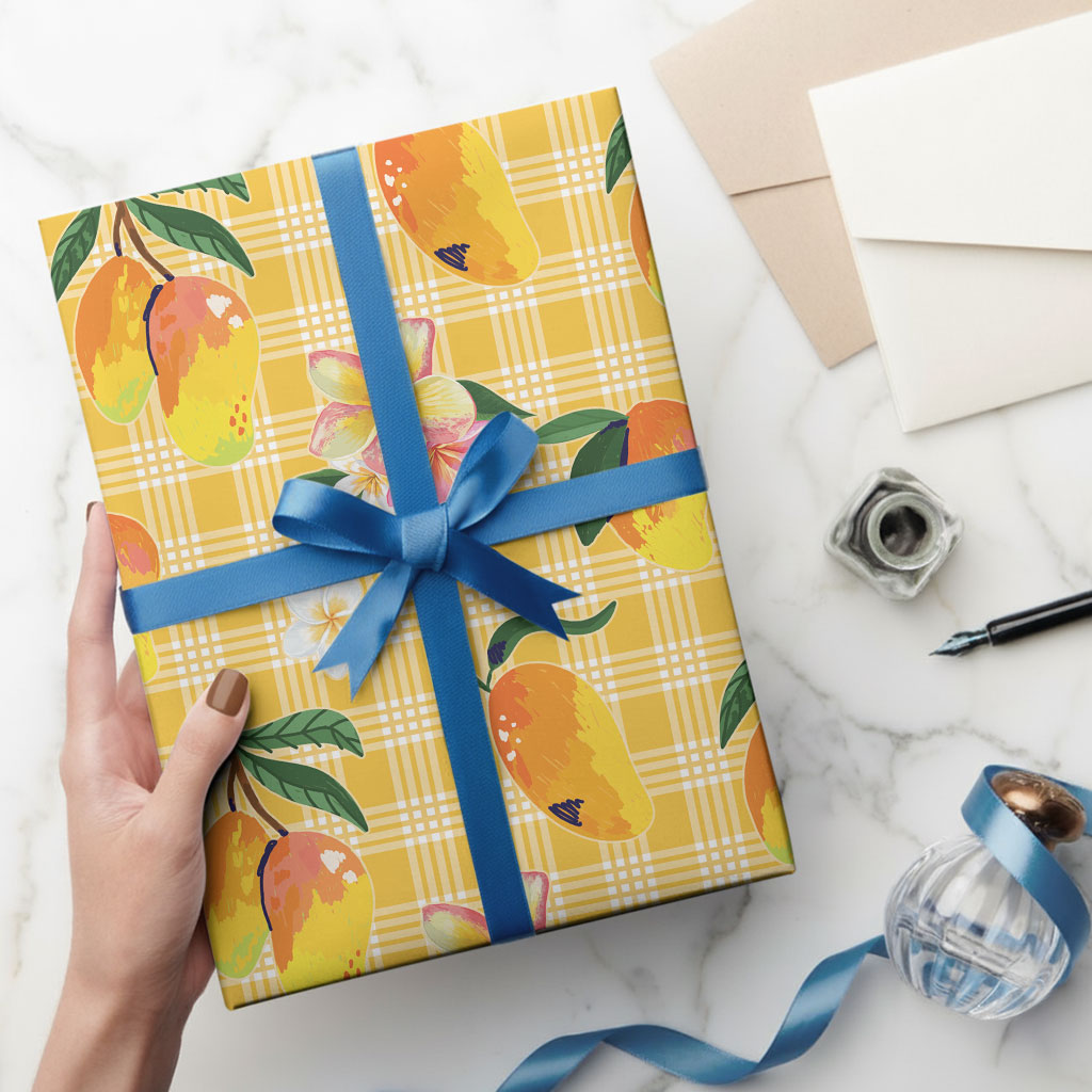 Aloha Hawaii Palaka Print Mango Plumeria Wrapping Paper Fresh Lemon