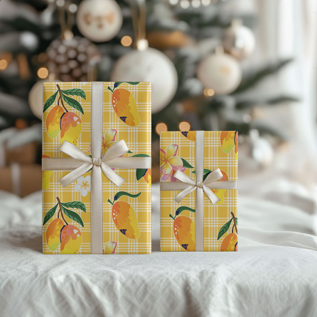 Aloha Hawaii Palaka Print Mango Plumeria Wrapping Paper Fresh Lemon