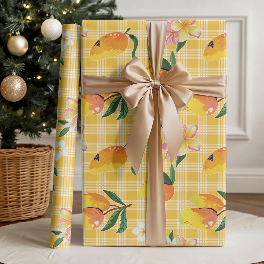 Aloha Hawaii Palaka Print Mango Plumeria Wrapping Paper Fresh Lemon