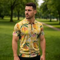 Aloha Hawaii Palaka Print Mango Plumeria Zipper Polo Shirt Fresh Lemon