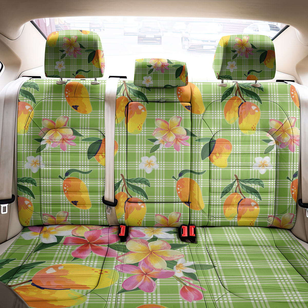 Aloha Hawaii Palaka Print Mango Plumeria Back Car Seat Cover Cool Mint