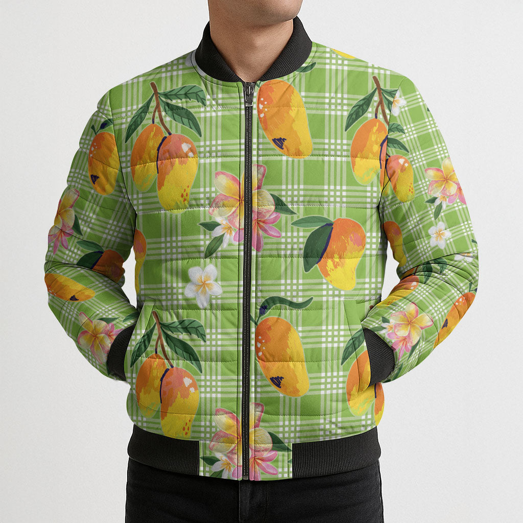 Aloha Hawaii Palaka Print Mango Plumeria Bomber Puffer Jacket Cool Mint