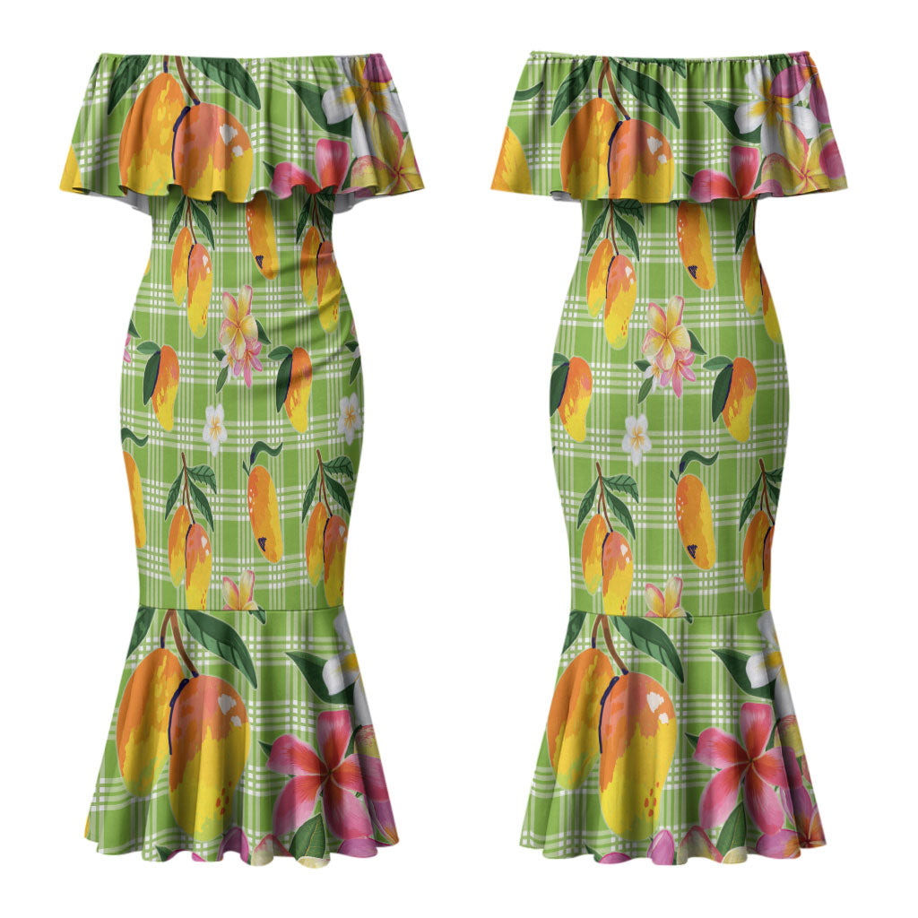 Aloha Hawaii Palaka Print Mango Plumeria Couples Matching Mermaid Dress and Long Sleeve Button Shirt Cool Mint