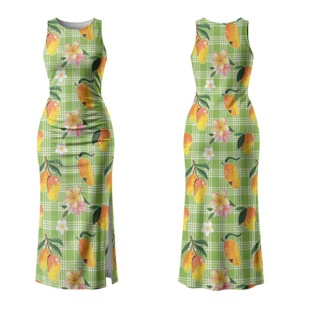 Aloha Hawaii Palaka Print Mango Plumeria Couples Matching Tank Maxi Dress and Long Sleeve Button Shirt Cool Mint