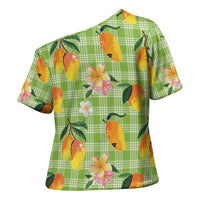 Aloha Hawaii Palaka Print Mango Plumeria Cross Shoulder Shirt Cool Mint