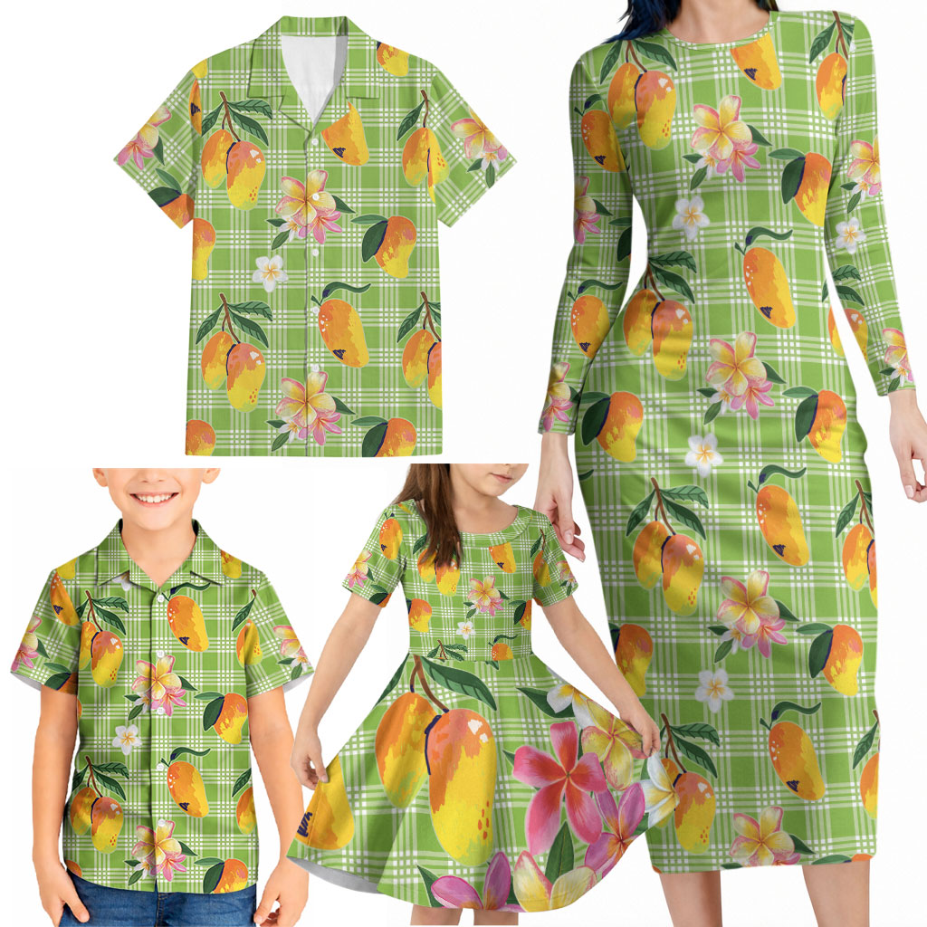 Aloha Hawaii Palaka Print Mango Plumeria Family Matching Long Sleeve Bodycon Dress and Hawaiian Shirt Cool Mint