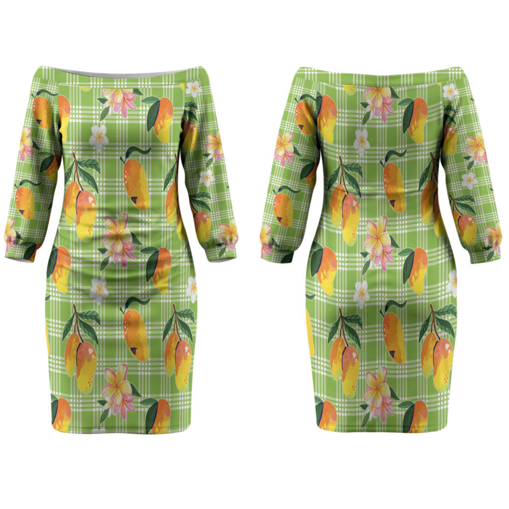 Aloha Hawaii Palaka Print Mango Plumeria Family Matching Off The Shoulder Long Sleeve Dress and Hawaiian Shirt Cool Mint