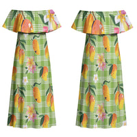 Aloha Hawaii Palaka Print Mango Plumeria Family Matching Off Shoulder Maxi Dress and Hawaiian Shirt Cool Mint