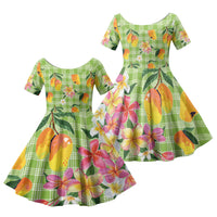 Aloha Hawaii Palaka Print Mango Plumeria Family Matching Off Shoulder Maxi Dress and Hawaiian Shirt Cool Mint