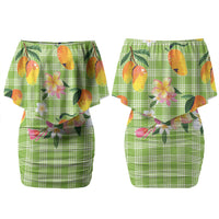 Aloha Hawaii Palaka Print Mango Plumeria Family Matching Off Shoulder Short Dress and Hawaiian Shirt Cool Mint