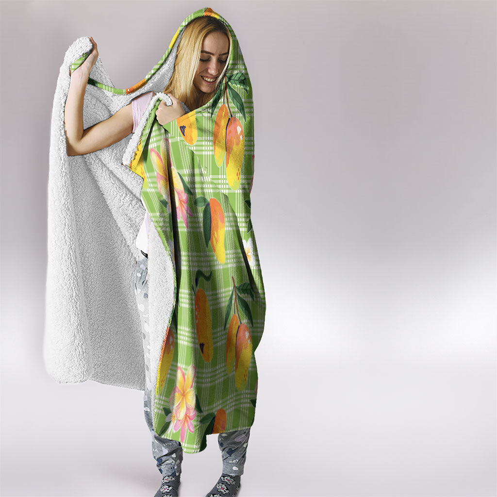 Aloha Hawaii Palaka Print Mango Plumeria Hooded Blanket Cool Mint