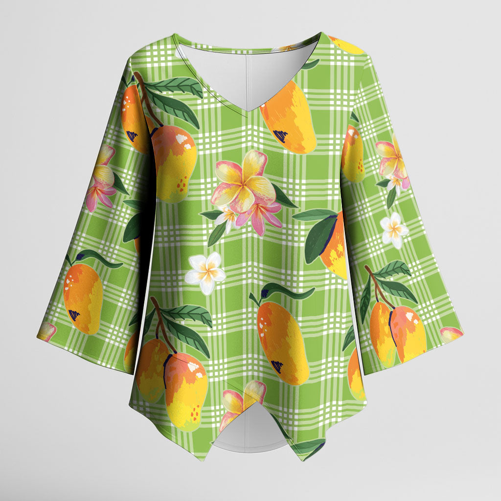 Aloha Hawaii Palaka Print Mango Plumeria Kimono Sleeve Blouse Cool Mint