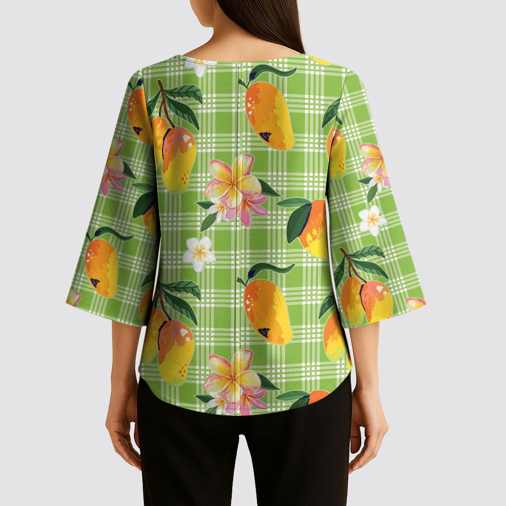 Aloha Hawaii Palaka Print Mango Plumeria Kimono Sleeve Blouse Cool Mint