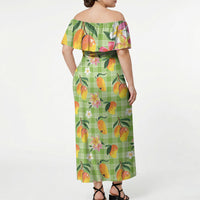 Aloha Hawaii Palaka Print Mango Plumeria Off Shoulder Maxi Dress Cool Mint