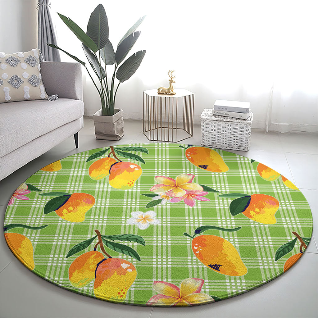 Aloha Hawaii Palaka Print Mango Plumeria Round Carpet Cool Mint