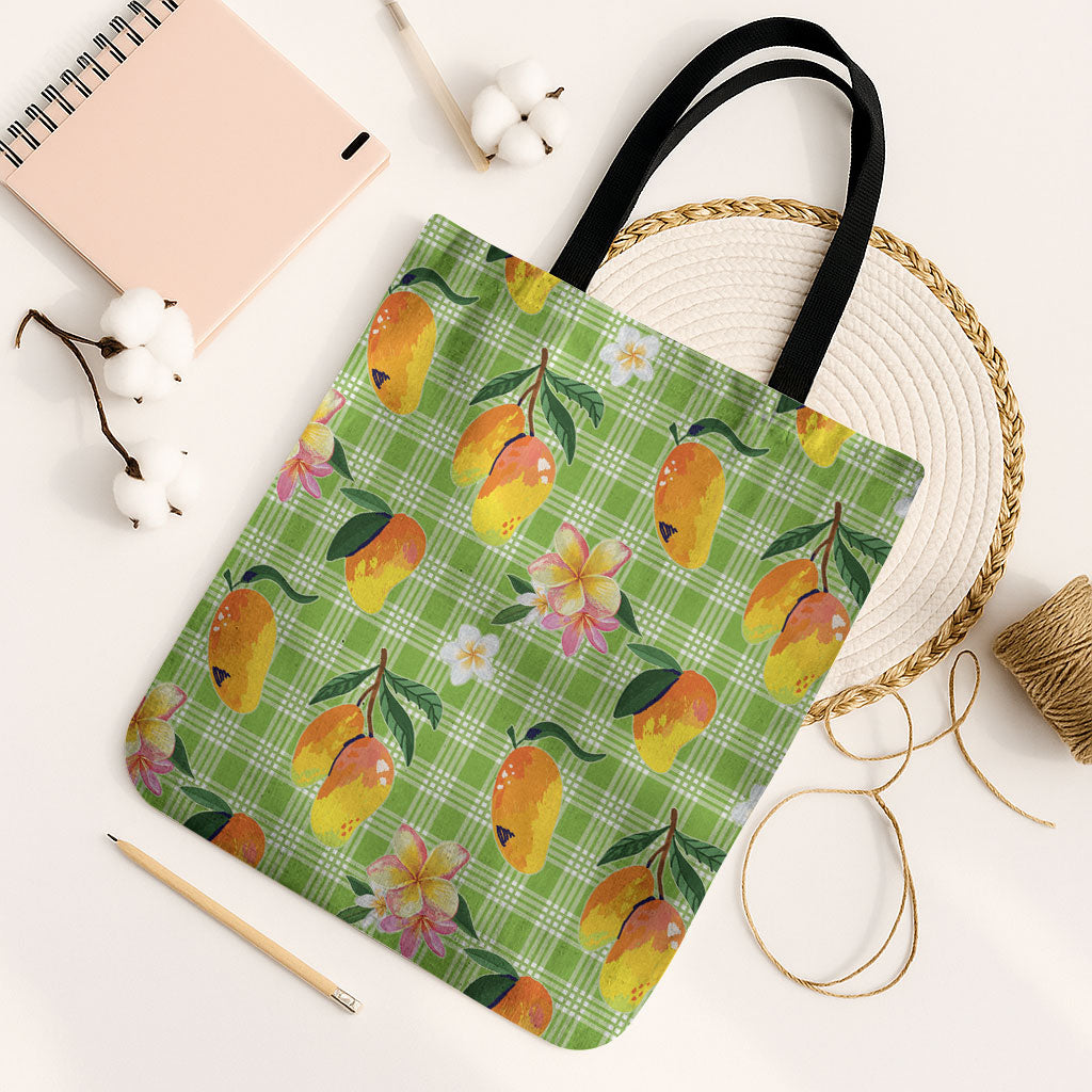 Aloha Hawaii Palaka Print Mango Plumeria Tote Bag Cool Mint