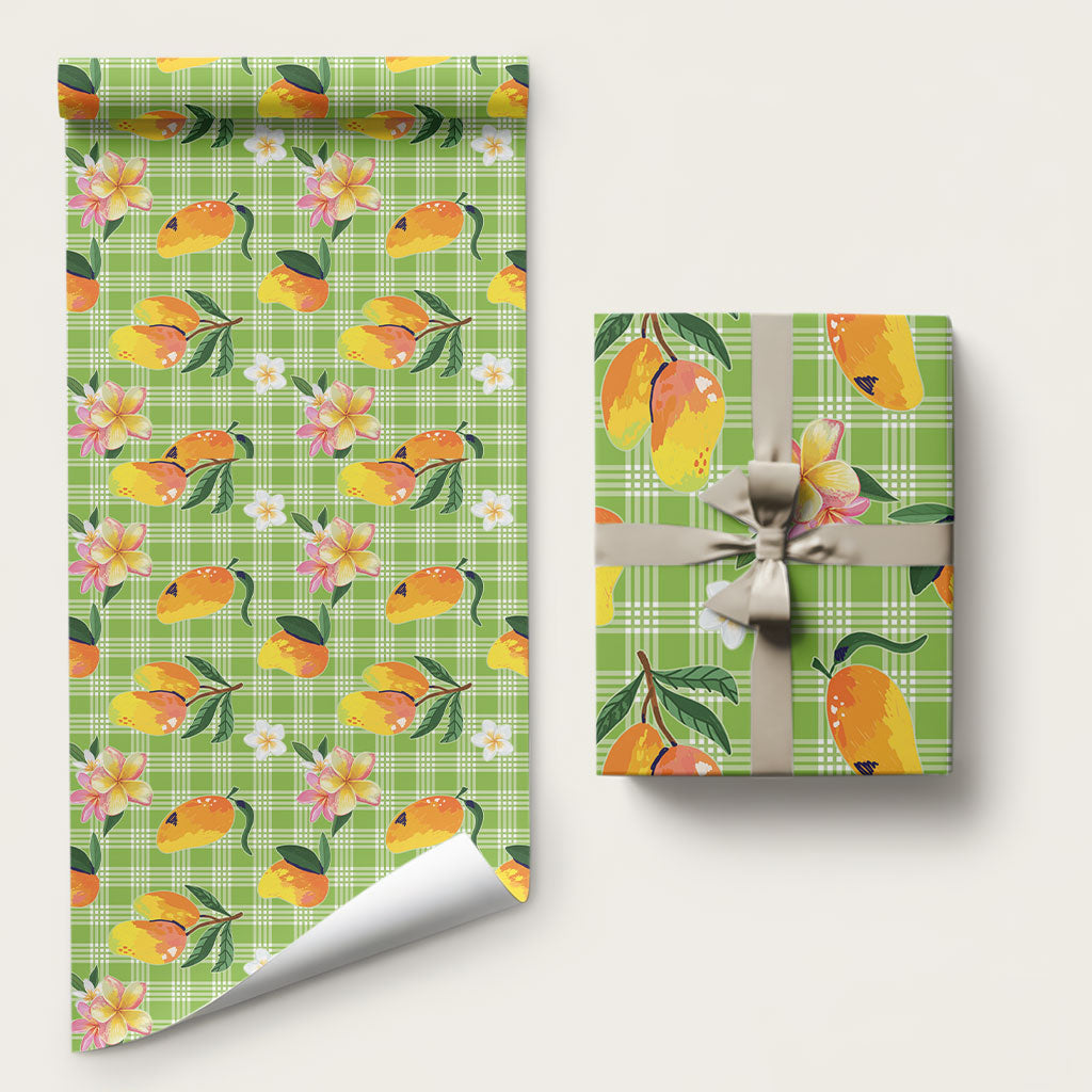 Aloha Hawaii Palaka Print Mango Plumeria Wrapping Paper Cool Mint