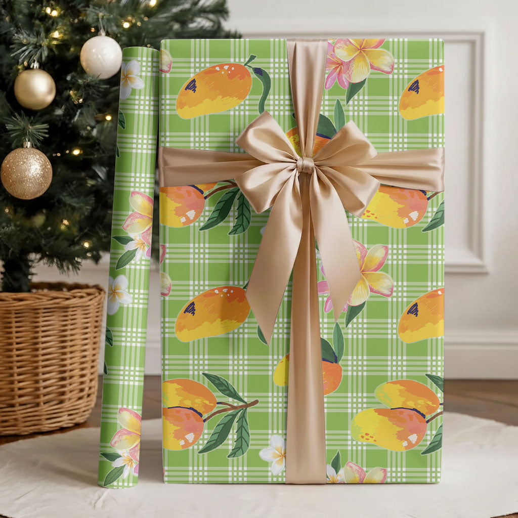 Aloha Hawaii Palaka Print Mango Plumeria Wrapping Paper Cool Mint