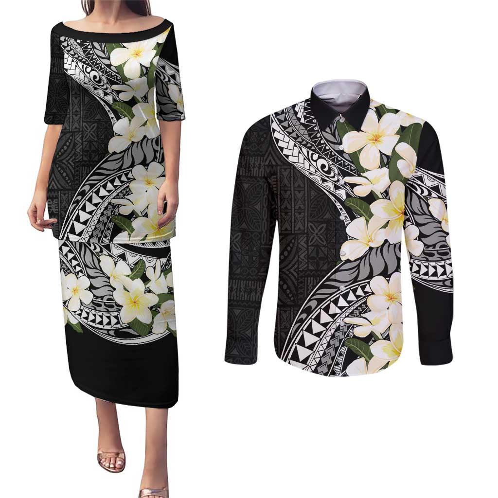 Aloha Hawaii Festive Couples Matching Puletasi and Long Sleeve Button Shirt Frangipani Lace Classic