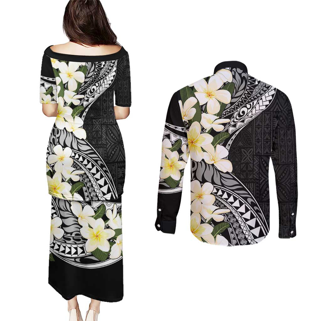 Aloha Hawaii Festive Couples Matching Puletasi and Long Sleeve Button Shirt Frangipani Lace Classic