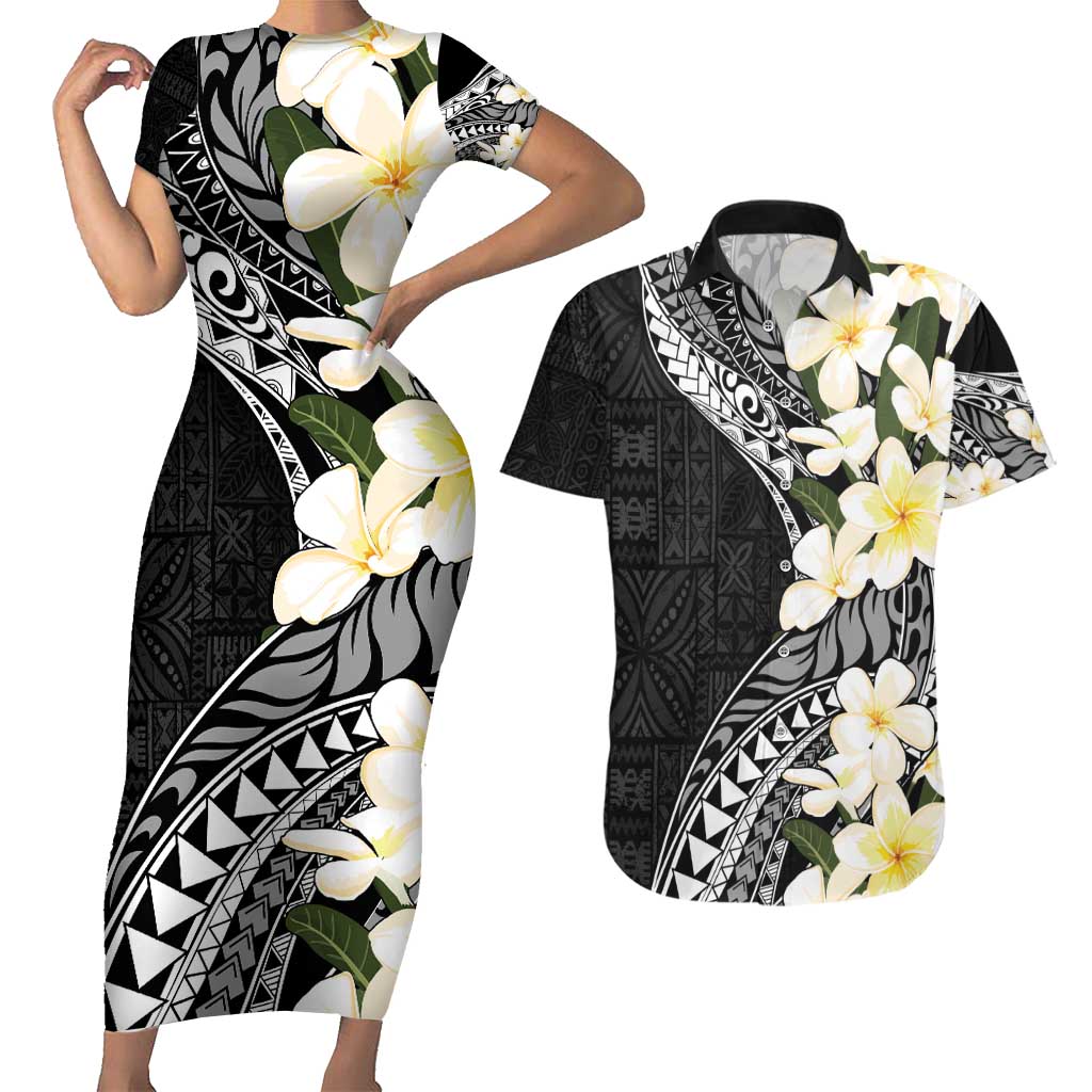 Aloha Hawaii Festive Couples Matching Short Sleeve Bodycon Dress and Hawaiian Shirt Frangipani Lace Classic