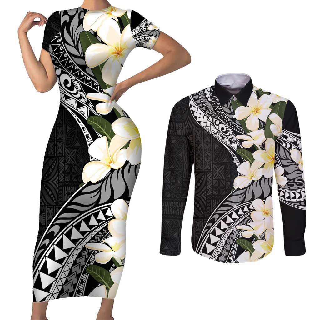 Aloha Hawaii Festive Couples Matching Short Sleeve Bodycon Dress and Long Sleeve Button Shirt Frangipani Lace Classic