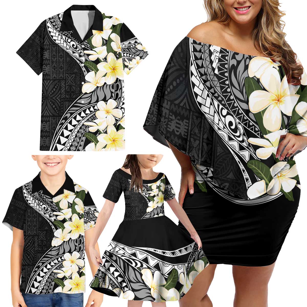 Aloha Hawaii Festive Family Matching Off Shoulder Short Dress and Hawaiian Shirt Frangipani Lace Classic