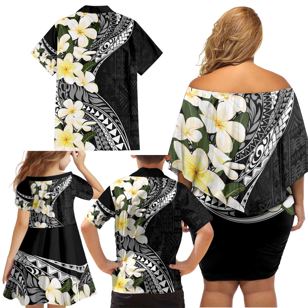 Aloha Hawaii Festive Family Matching Off Shoulder Short Dress and Hawaiian Shirt Frangipani Lace Classic