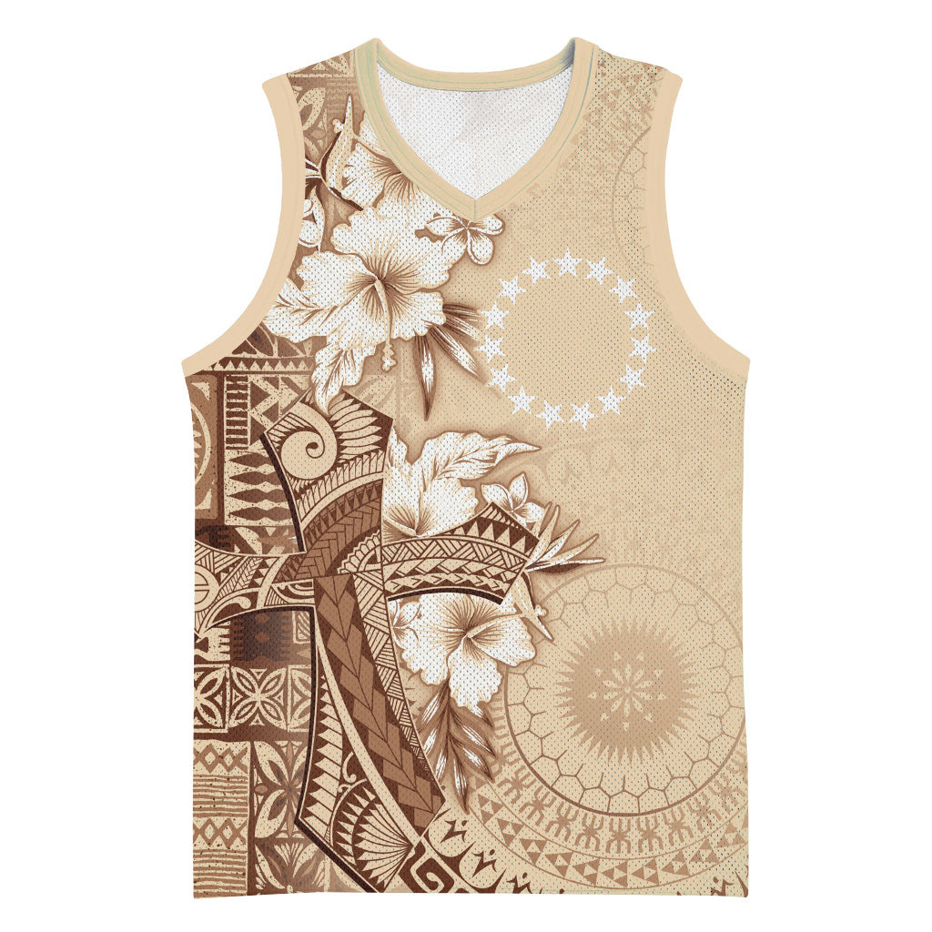 Kia Orana Cook Islands Tapa Floral With Cross Basketball Jersey Beige