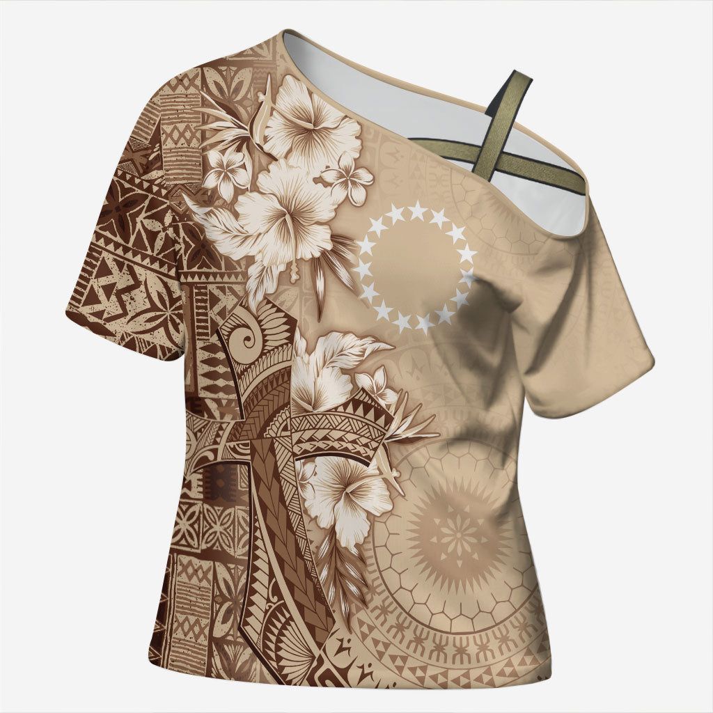Kia Orana Cook Islands Tapa Floral With Cross Cross Shoulder Shirt Beige LT7 Female Beige - Polynesian Pride