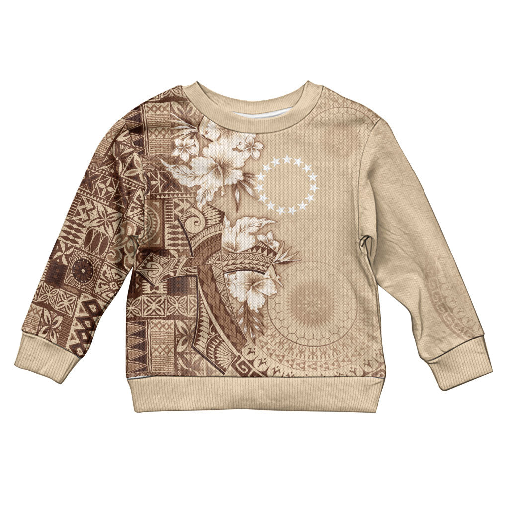 Kia Orana Cook Islands Tapa Floral With Cross Kid Ugly Christmas Sweater Beige LT7 Kid Beige - Polynesian Pride