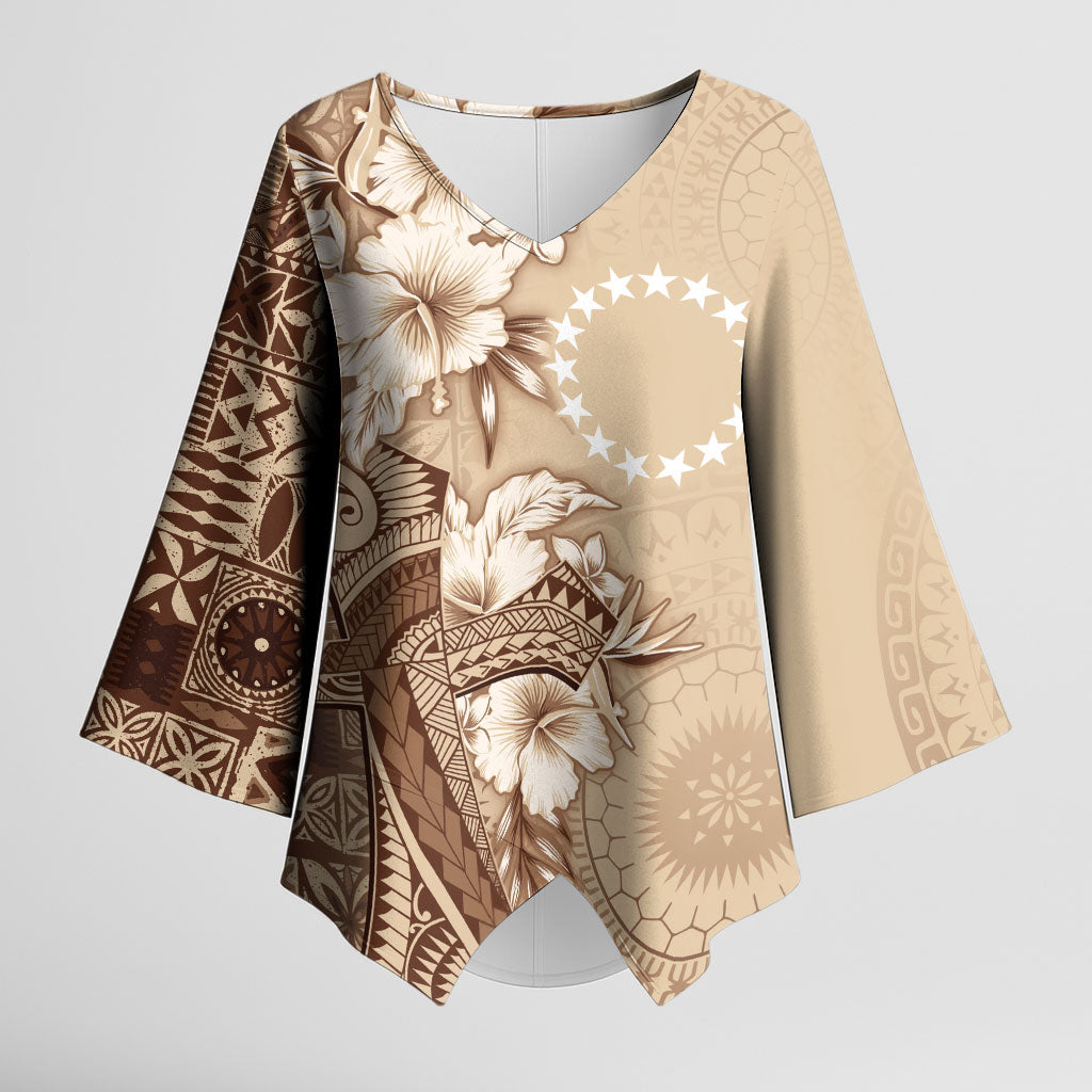 Kia Orana Cook Islands Tapa Floral With Cross Kimono Sleeve Blouse Beige LT7 Female Beige - Polynesian Pride
