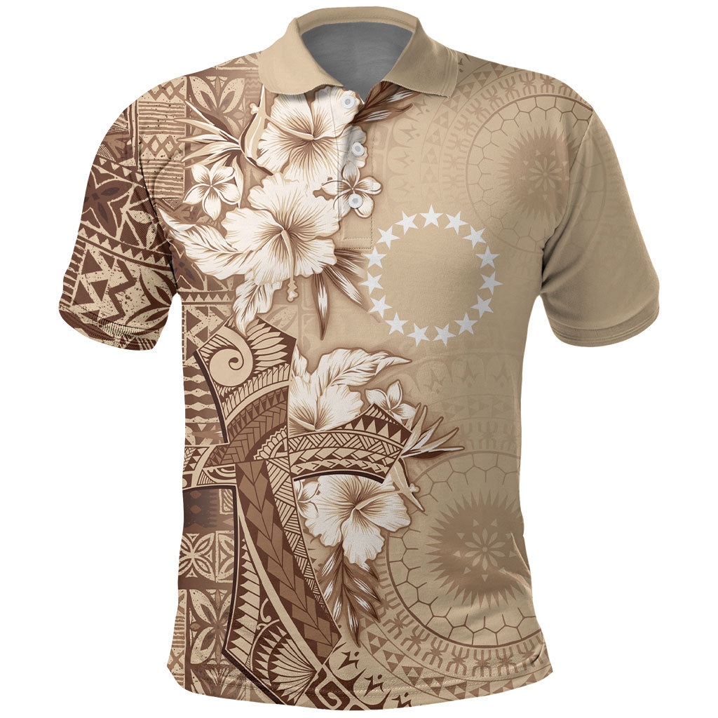 Kia Orana Cook Islands Tapa Floral With Cross Polo Shirt Beige
