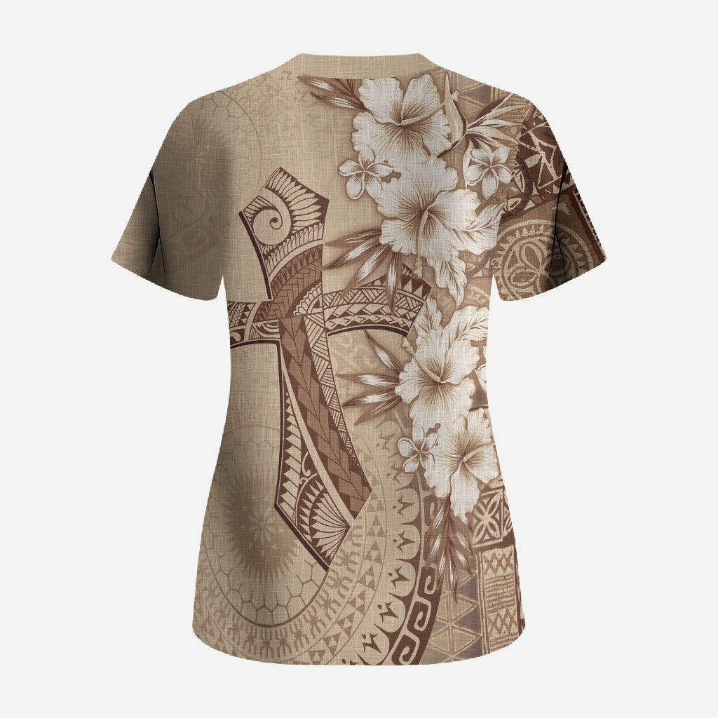 Kia Orana Cook Islands Tapa Floral With Cross Scrub Top Beige LT7 - Polynesian Pride