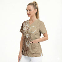 Kia Orana Cook Islands Tapa Floral With Cross Scrub Top Beige LT7 - Polynesian Pride
