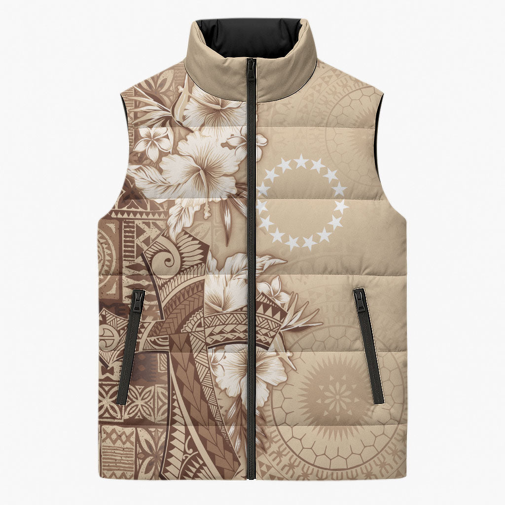 Kia Orana Cook Islands Tapa Floral With Cross Sleeveless Puffer Jacket Beige LT7 Unisex Beige - Polynesian Pride