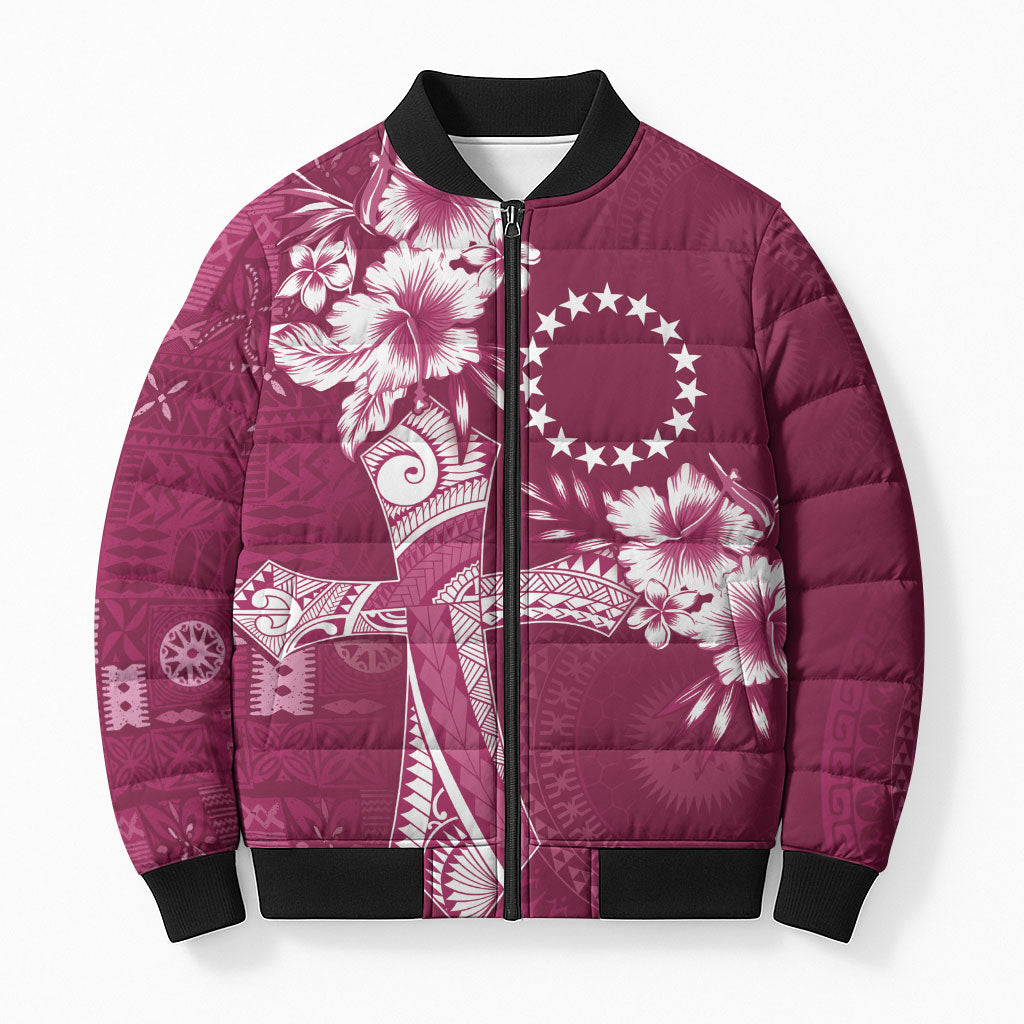 Kia Orana Cook Islands Tapa Floral With Cross Bomber Puffer Jacket Maroon LT7 Unisex Maroon - Polynesian Pride