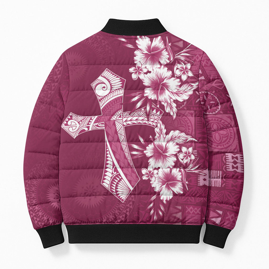Kia Orana Cook Islands Tapa Floral With Cross Bomber Puffer Jacket Maroon LT7 - Polynesian Pride